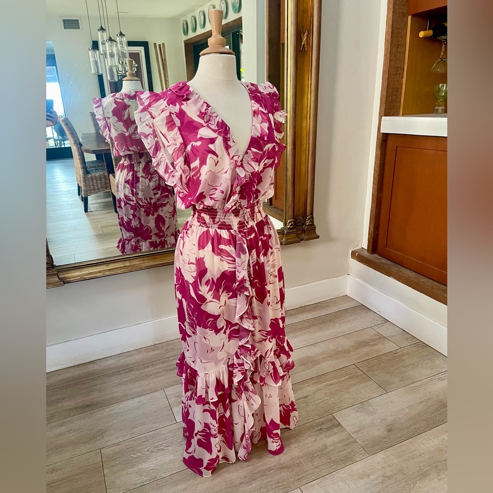 MISA Kidada Dress Fuchsia Floral Ruffle Maxi Dress Sz Large NWT